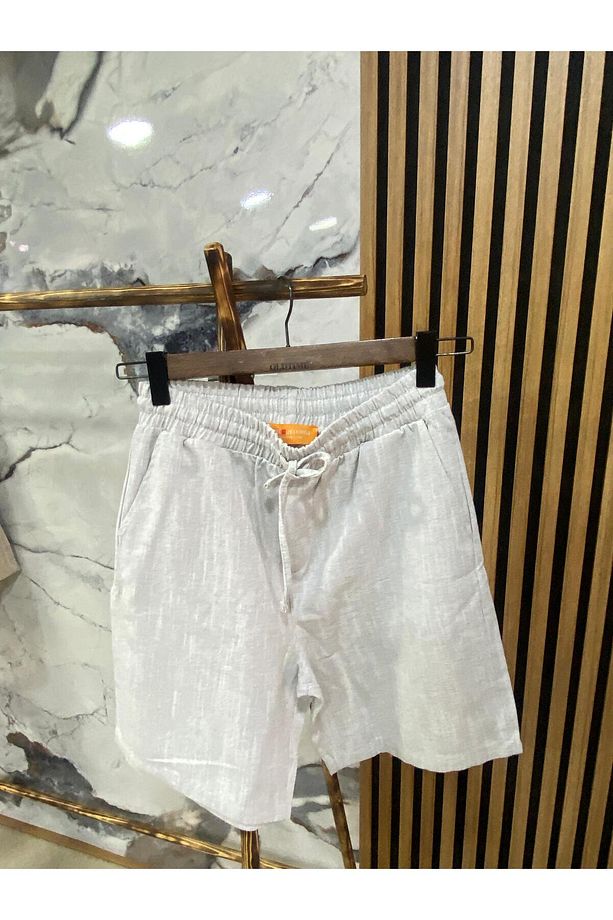 Erkek Beli Bağcıklı Pamuk Keten Şort - 1