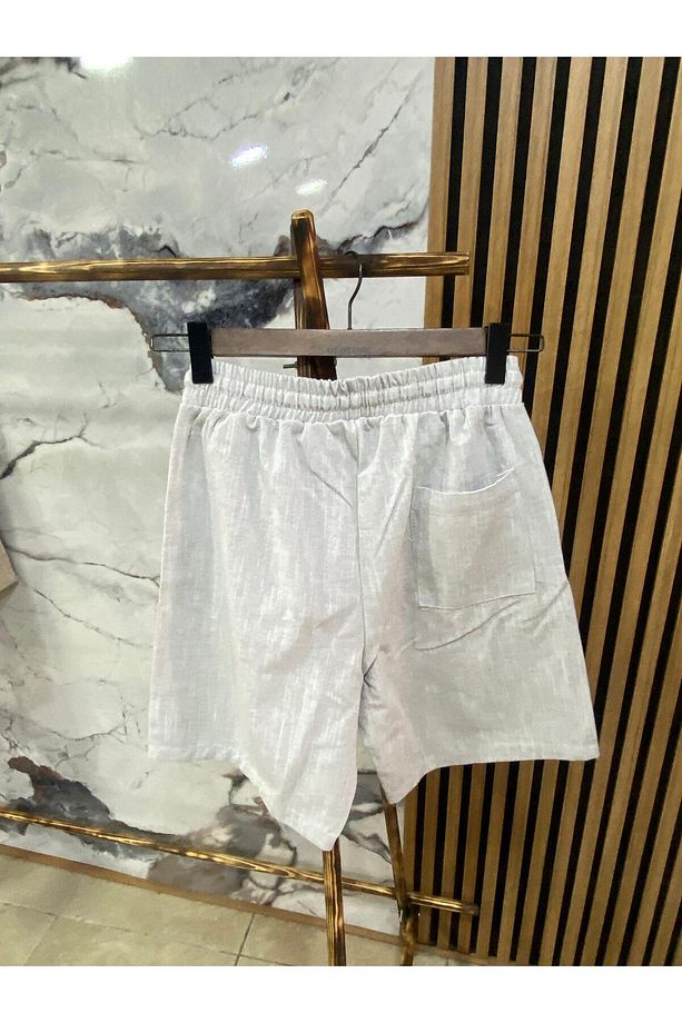 Erkek Beli Bağcıklı Pamuk Keten Şort - 2