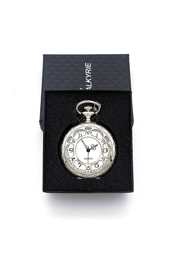 Vintage Retro Roman Numeral Embroidered Pocket Watch Silver