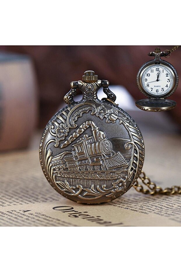 Retro Vintage Embossed Smoky Train Flower Motif Elegant Chain Pocket Watch