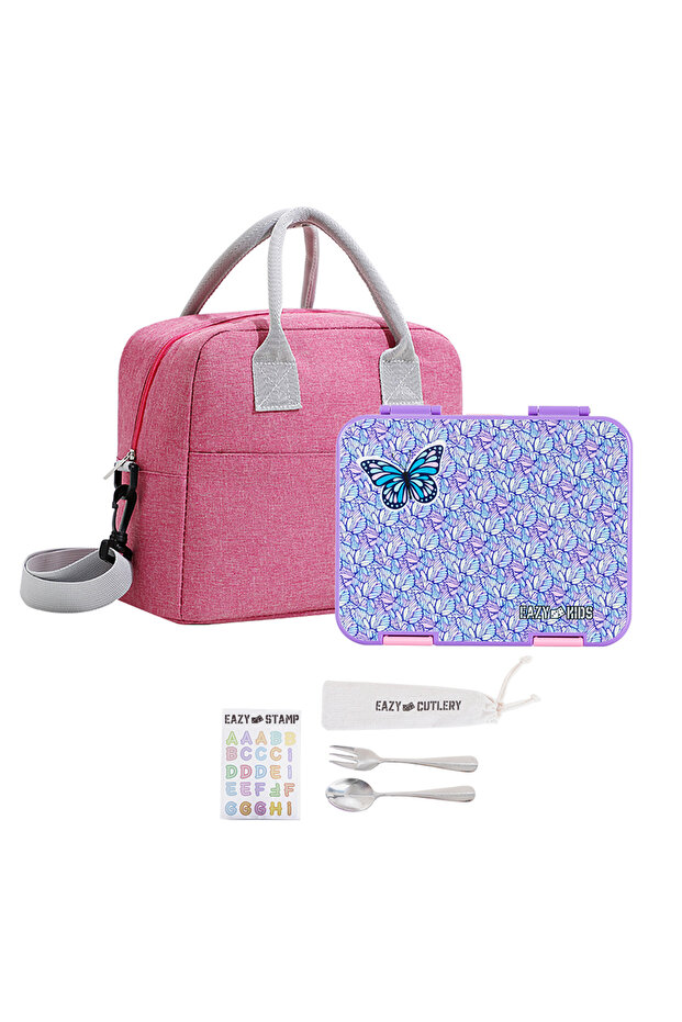 6&4 Convertible Bento Lunch Box w/ Lunch Bag, Steel Spoon&Fork Set, Name Sticker-Butterfly Purple