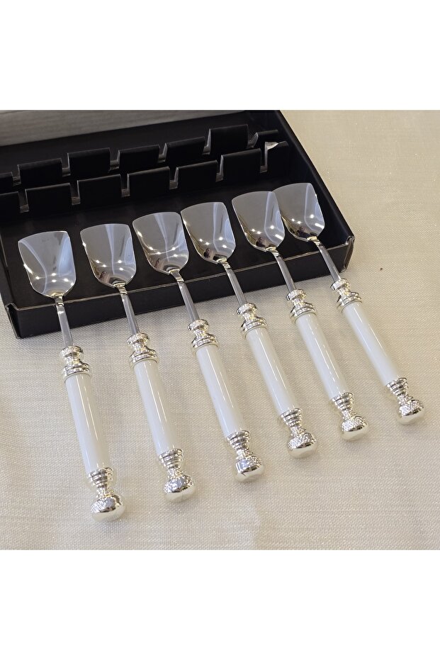 Set of 6 Porcelain Handle Ice Cream Scoops Silver