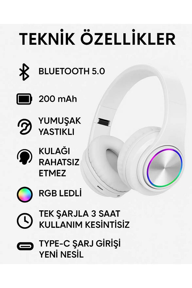RGB Işıklı Kablosuz Bluetooth Kulak Üstü Kulaklık | Müzik, Oyun, Mikrofonlu, Katlanabilir - 7