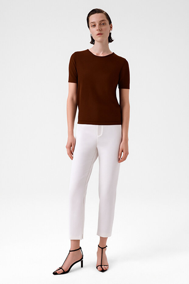 Brown Crew Neck Short Sleeve Women's Sweater