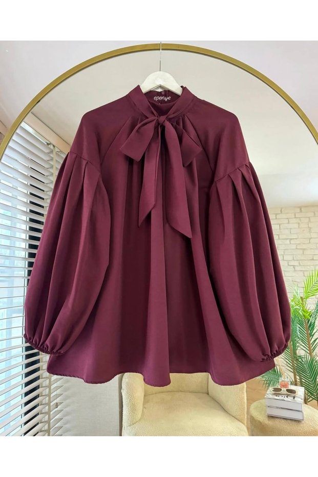 Women's Balloon Sleeve Bordo Tunic Shirt with Tie-Up Detail at the Collar