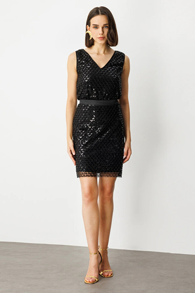 Pullu Boncuklu Mini Etek Siyah-1046 - 1