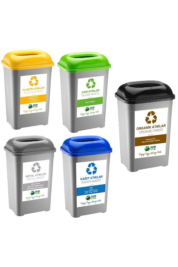 Sıfır Atık Kutusu 50 Lt Geri Dönüşüm Kutusu Plastik Büyük Boy Atık Kutusu 5 li Set 33*43*60 cm - 1