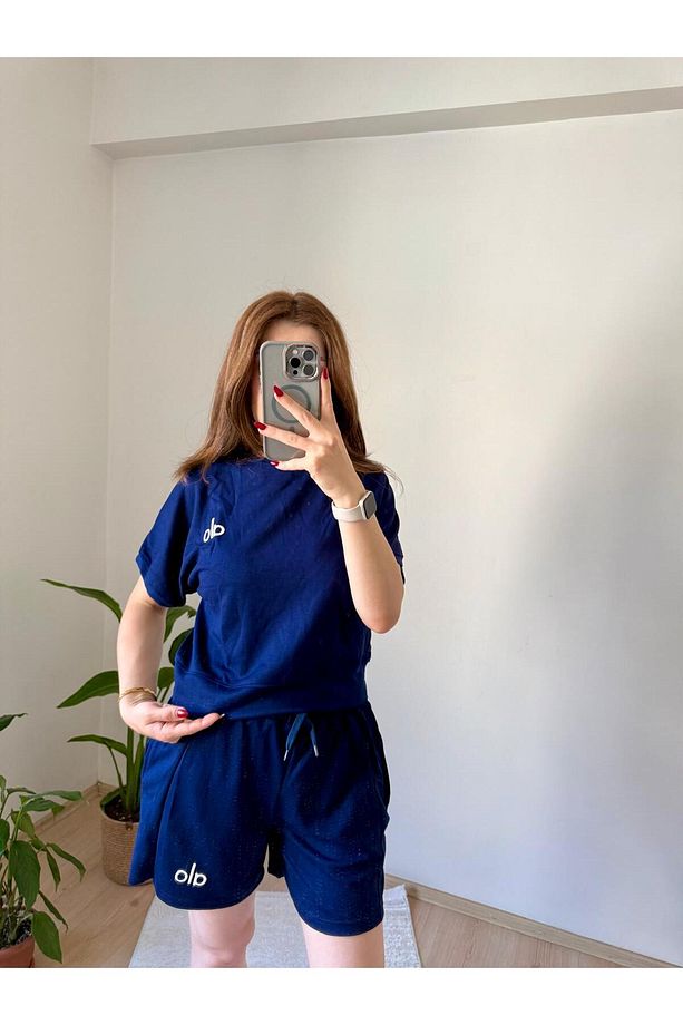 Kadın Lacivert Şortlu Spor Takım - Yazlık Oversize Tişört & Cepli Şort - 5