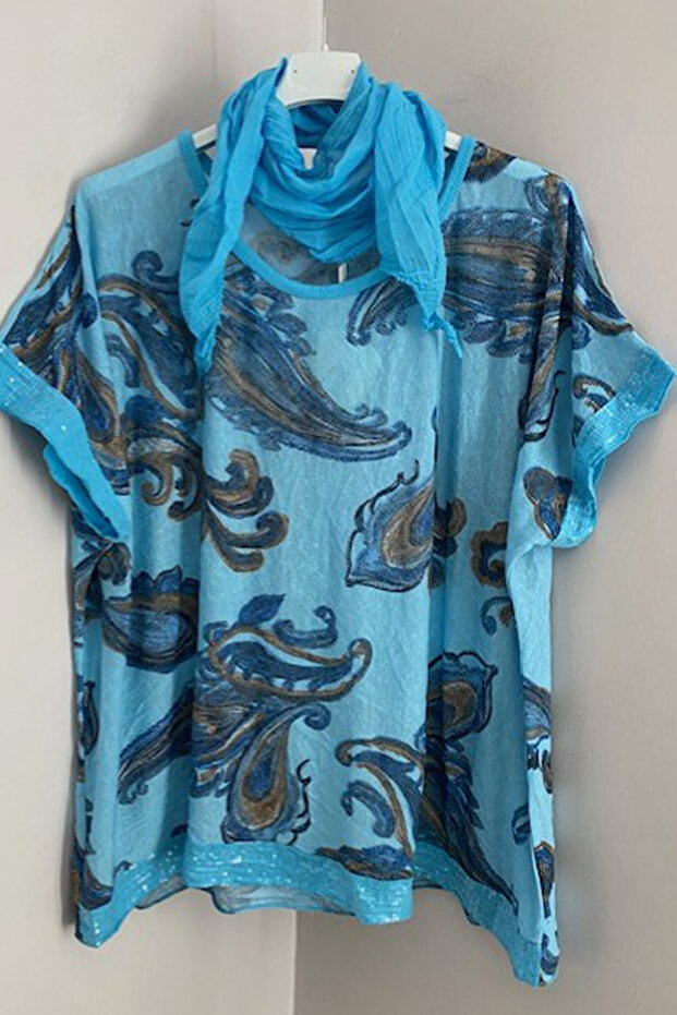 Women's Italian Turquoise Scarf Shawl Patterned Sleeves and Hem Sequined Loose Blouse