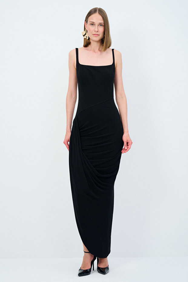 Night Zoom Askılı Uzun Örme Elbise - 1