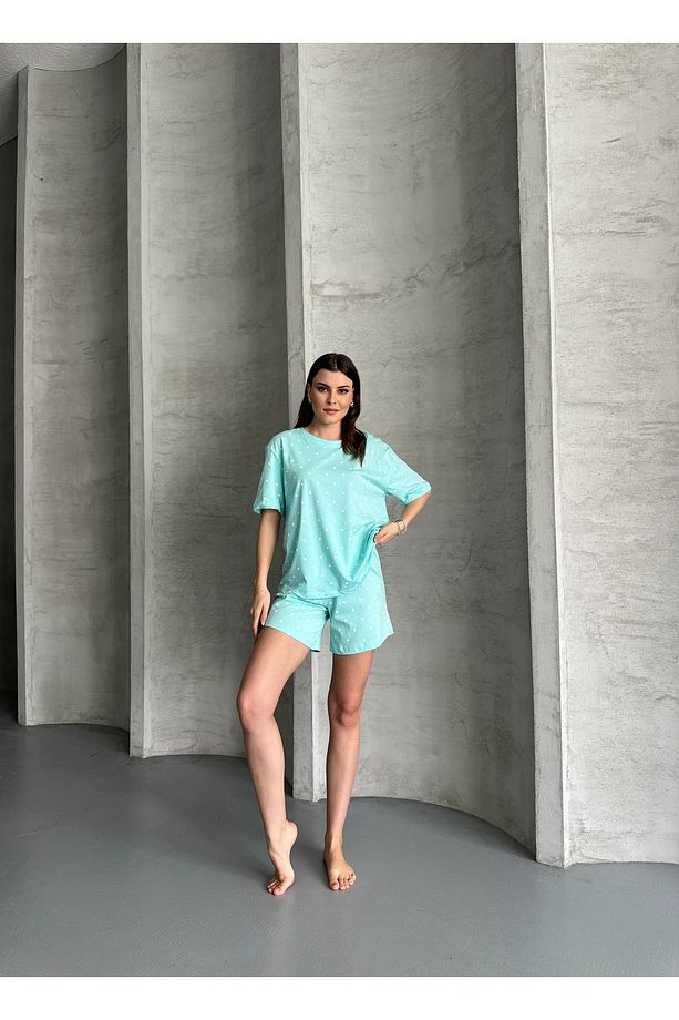 Organik Pamuklu Puanlı Kalp Baskılı Kısa Kollu Şortlu Pijama Takımı - 3