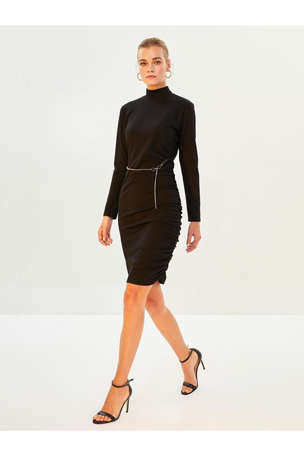 Stand Collar Straight Chain Detail Long Sleeve A-Line Crepe Women's Dress (W1)