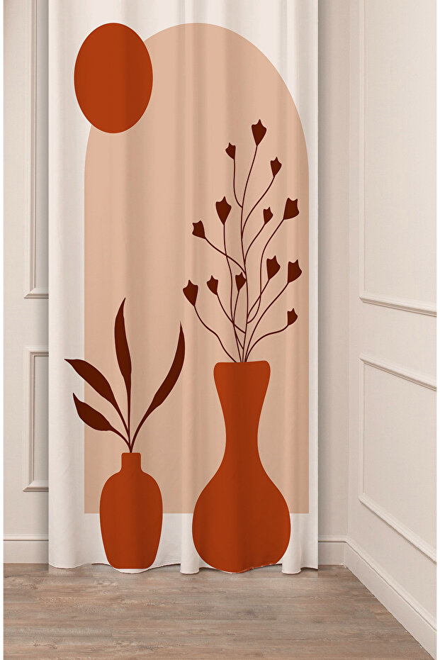 Vase Leaf Bohemian Minimalist Beige Cream Patterned Special Design Digital Printed (Single Wing) Stylish Background Curtain