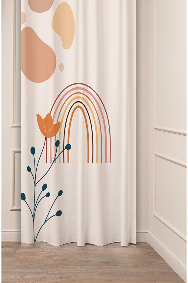 Flower Rainbow Cream Beige Patterned Special Design Digital Printed (Single Wing) Modern Stylish Background Curtain