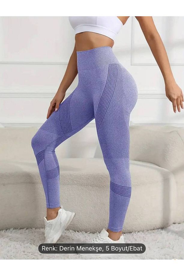 Kadın Mor Renkli Push-up Toparlatıcı Dikişsiz Geniş Bel Bantlı Spor Tayt Yüksek Bel - 6