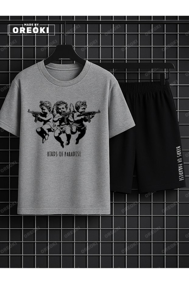 Children of Heaven Printed Cotton Unisex Gray T-Shirt-Black Shorts Set