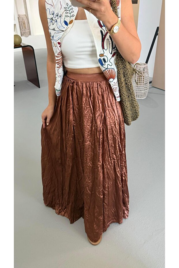 Kırışık Saten Doku Bronz Maxi Etek - 6