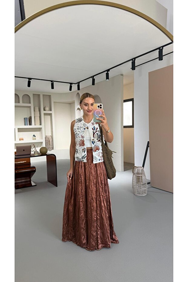 Kırışık Saten Doku Bronz Maxi Etek - 4