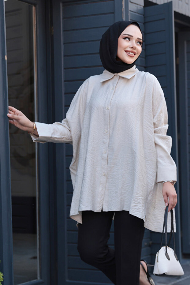 Buttoned Beige Hijab Shirt 10684Bej