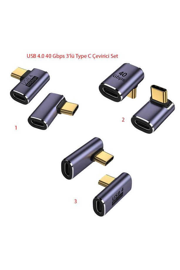 USB 4.0 type C 90 derece adaptör 40Gbps hızlı veri transferi 3'lü set - 2