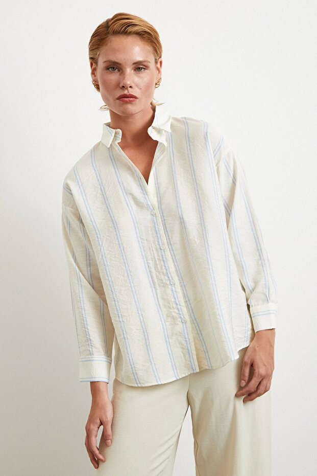 Çift Çizgili Modal Gömlek Mavi - 1