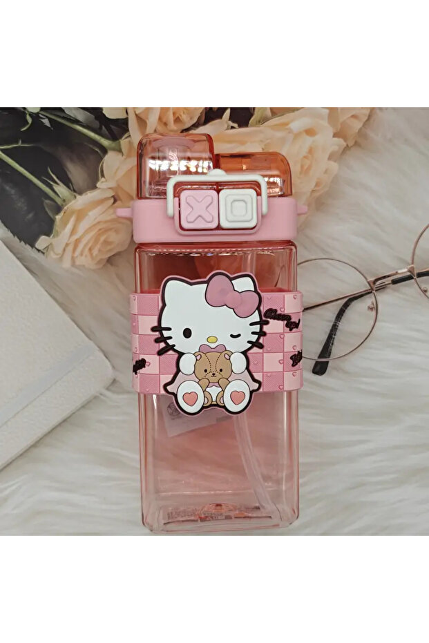 Pink Children's Water Bottle with Character Figures 520ml Two-Compartment Lid with Strap Plastic Fc15152