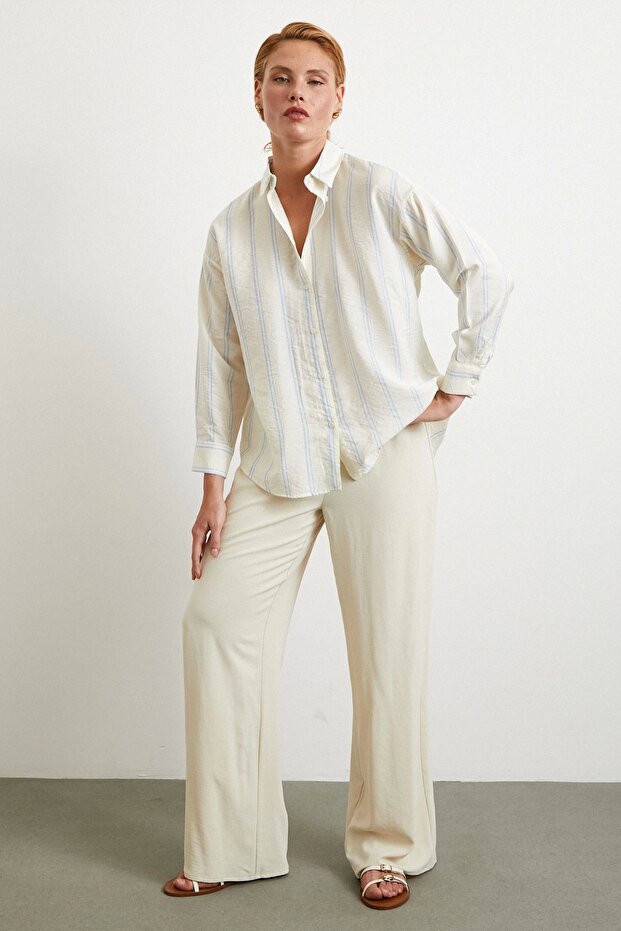 Çift Çizgili Modal Gömlek Mavi - 2