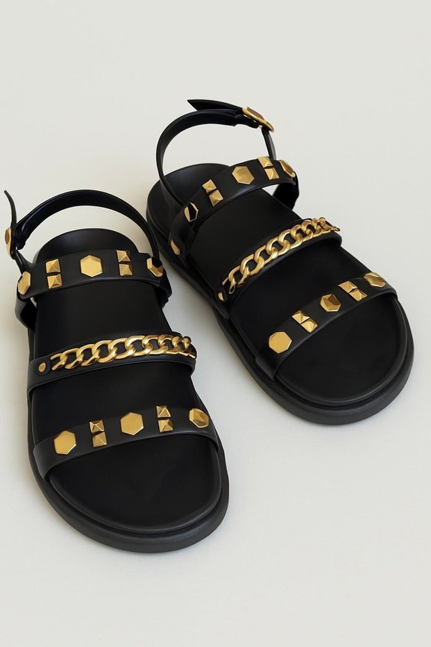 Black Women's Brown Chain and Gold Metal Detailed Summer Bohemian Stylish Thick Sole Sandals