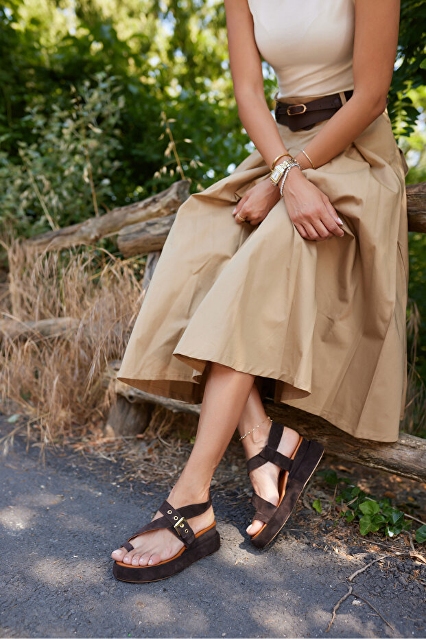 Pery Women's Brown Real Leather Suet Wedge Sandals