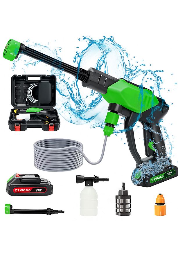 21V Akülü Basınçlı Araç Yıkama Makinesi | 12000mAh Çift Batarya, 135W, 3.6L/dk Su Basıncı - 1