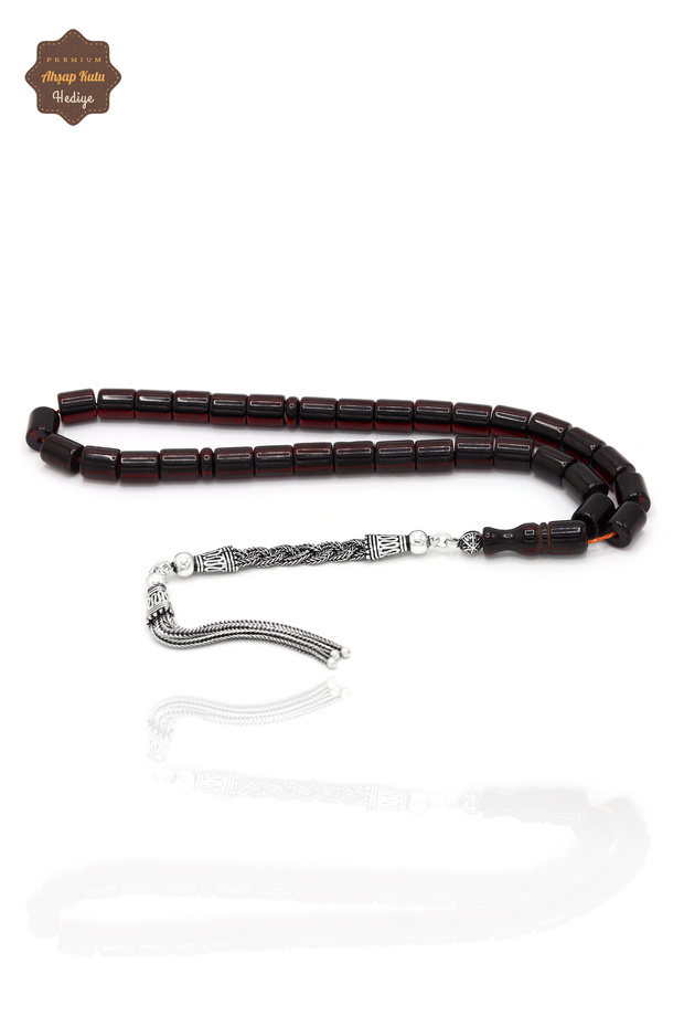 Dark Red Color Moire Capsule Cut Silver Tassel Stick Prayer Beads 201024360