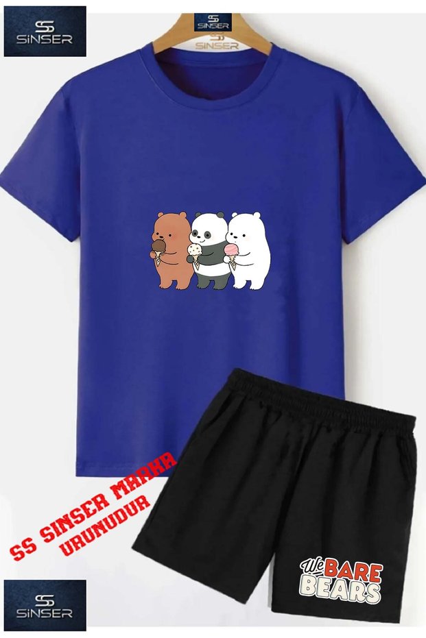 Kids Unisex “Pandas 3 Ice Cream“ Custom Printed Crew Neck T-Shirt - Shorts Set