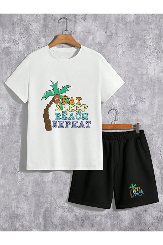 Unisex Cotton White "Beach" Printed Crew Neck Casual T-Shirt / Shorts Set