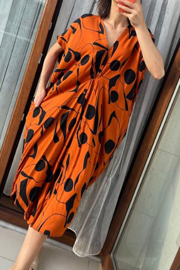 Women's Cinnamon V-Neck Patterned Short Sleeve Midi Pareo Dress