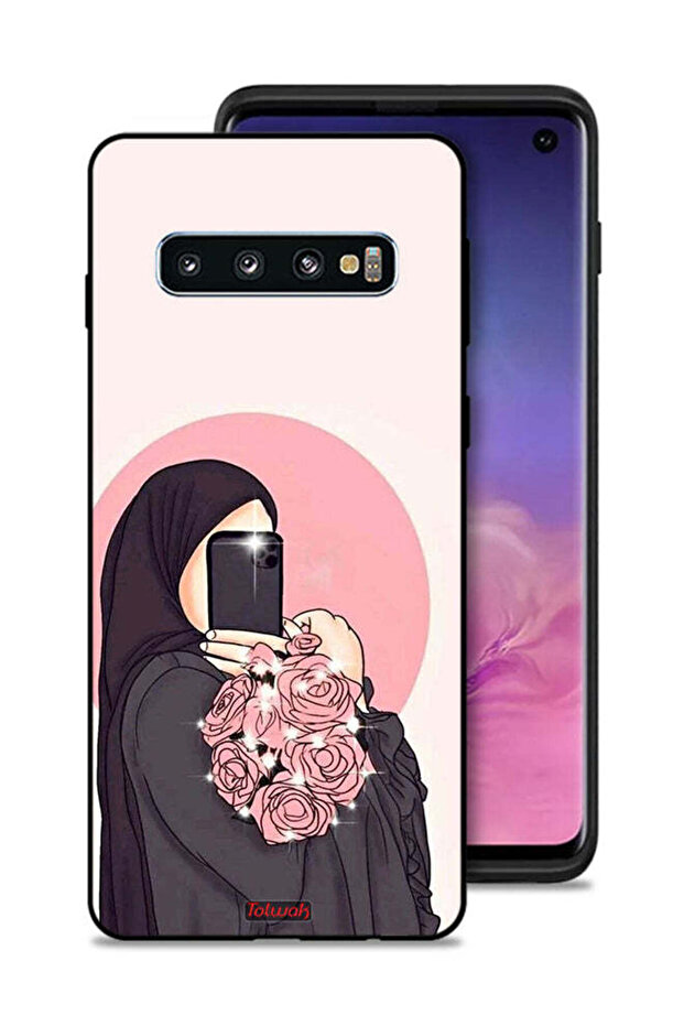غطاء حماية لهاتف Samsung Galaxy S10 بتصميم فن التقاط صور سيلفي أثناء حمل الزهور