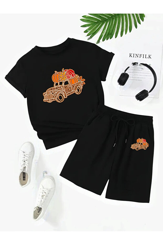 Unisex Cotton Black "Car" Printed Crew Neck Comfortable T-Shirt / Shorts Set