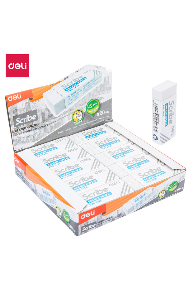 EH00210 White PVC-Free Eraser 54×20×10 mm 20pcs – ideal for school & office use