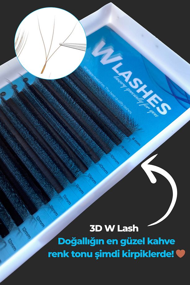 Kahve Renk 3D Volume W Lash 8-15mm Mix İpek Kirpik Kutuda 2560 Adet Demet - 3