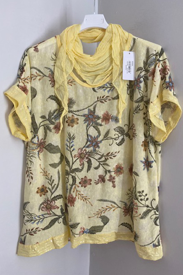 Women's Italian Yellow Scarf Floral Patterned Loose Blouse with Sequined Sleeves and Hem