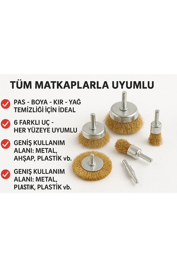 6 Parça Dairesel Çelik Pimli Tel Fırça Seti Matkaba Takılabilir Tel Fırça Seti - 4