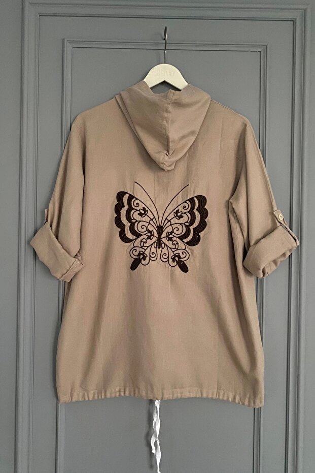 Women's Coffee Plus Size Butterfly Embroidered Sleeve Fold Cotton Linen Fabric Shirt Jacket