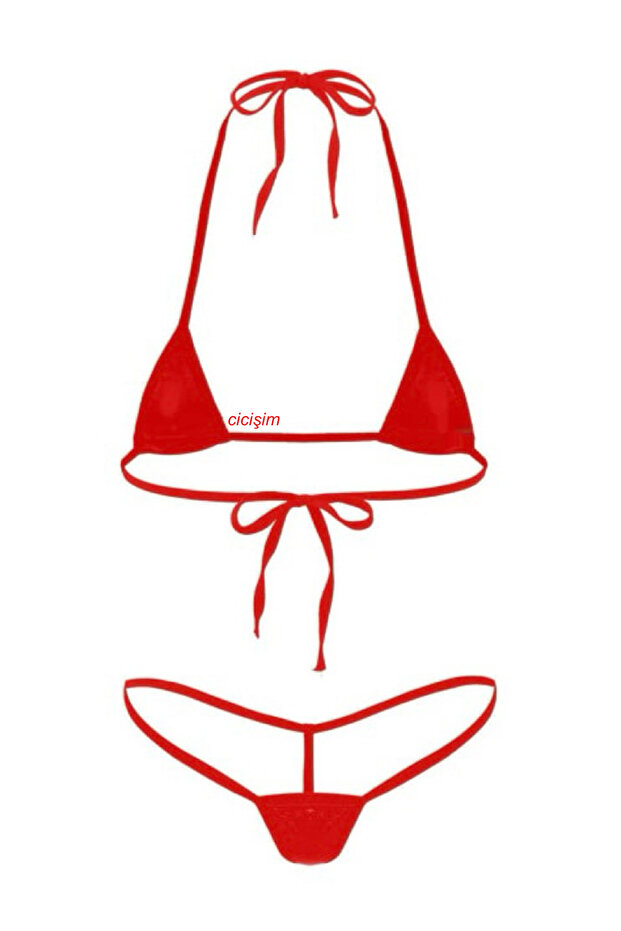 Red Leather Look Drawstring Bikini Set - 1