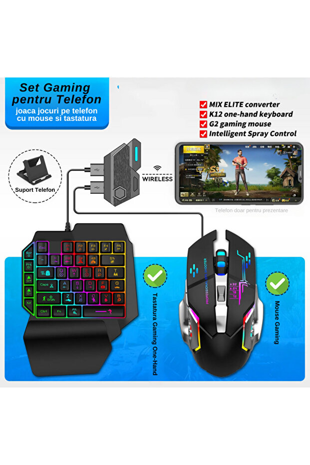 Phone Gaming Kit with 39-key One Hand Keyboard and mouse, RGB Lighting, Android Compatible - 2