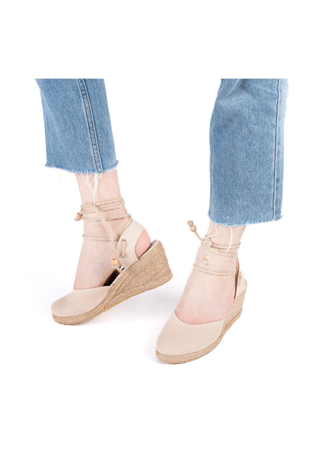 Real Handmade Open Heel Ankle Strap Wedge Heel Linen Straw Espadrille Handmade