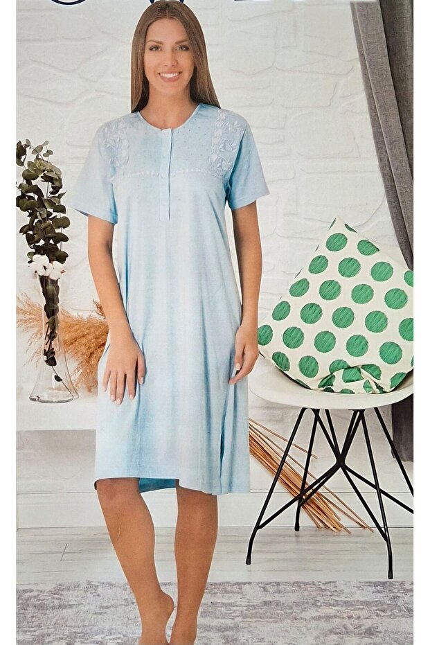 Cotton Short Sleeve Women's Midi Nightdress Blue