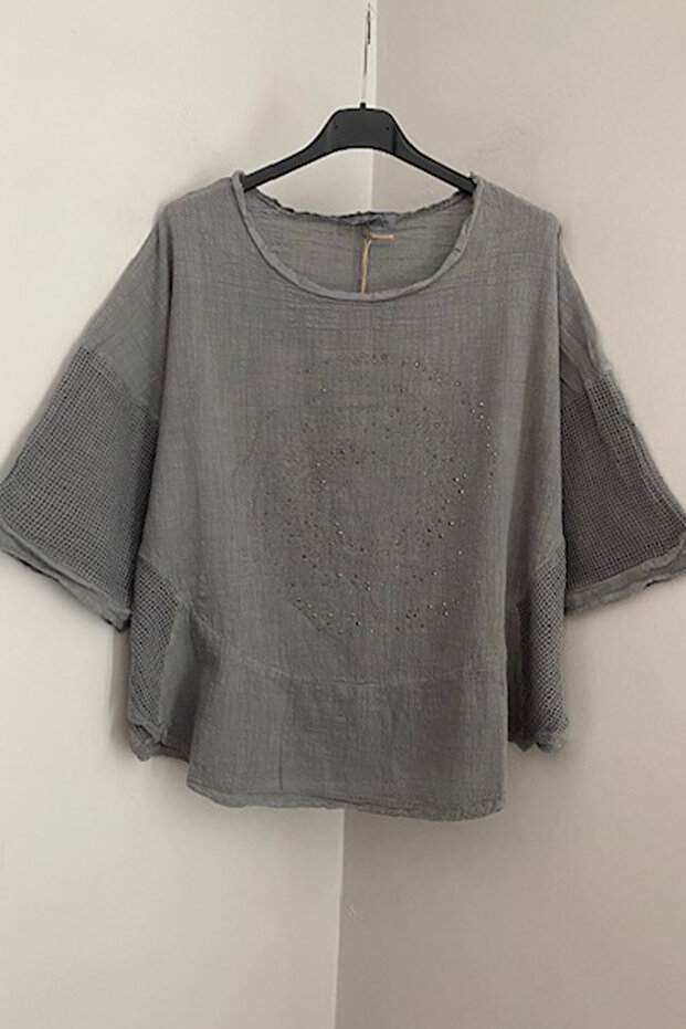 Women's Gray Sleeves Mesh Stone Short Sleeve Oval Blouse
