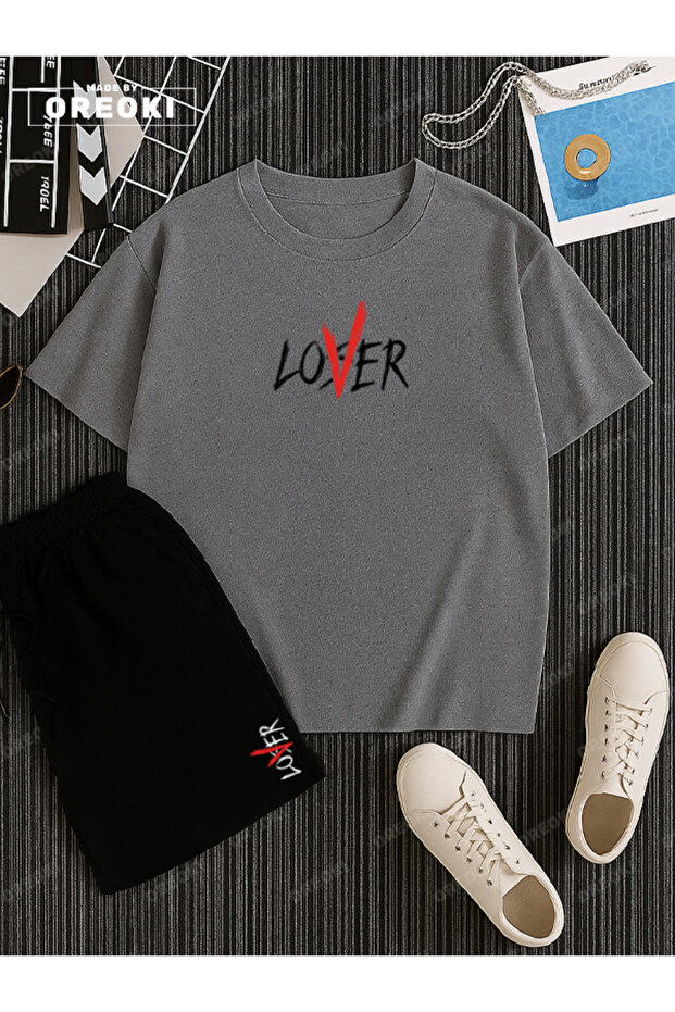Not a Lover Loser Printed Cotton Unisex Gray T-Shirt-Black Shorts Set