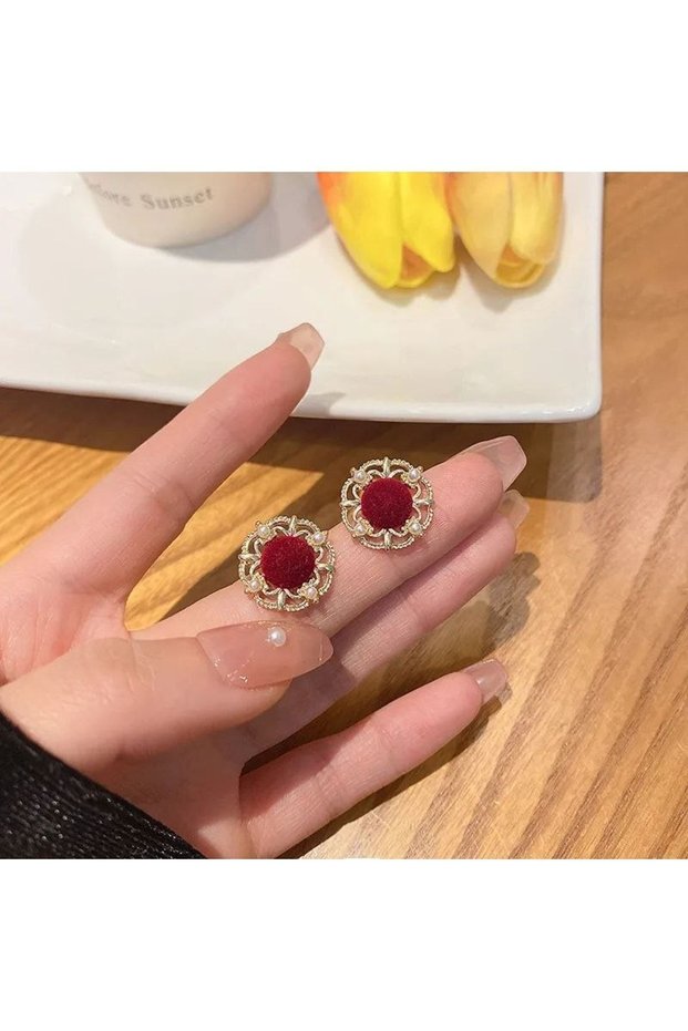 Vintage Style Burgundy Velvet and Pearl Detailed Earrings