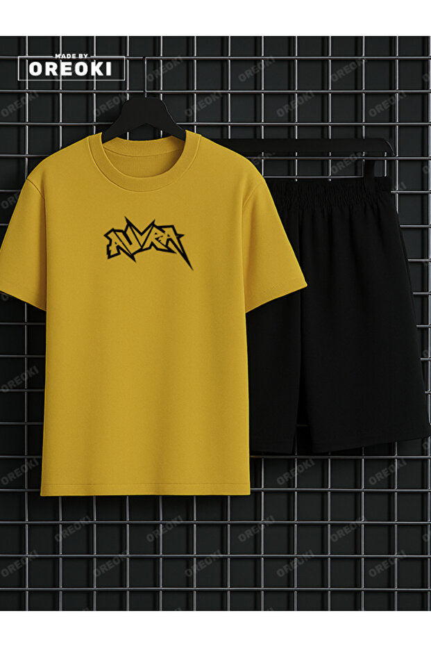 Aura Printed Cotton Unisex Yellow T-Shirt-Black Shorts Set