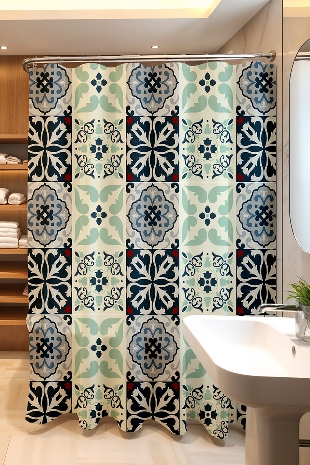 Bathroom Curtain, Green Shades Tile Pattern Shower Curtain, Bathtub Curtain 175X200Cm
